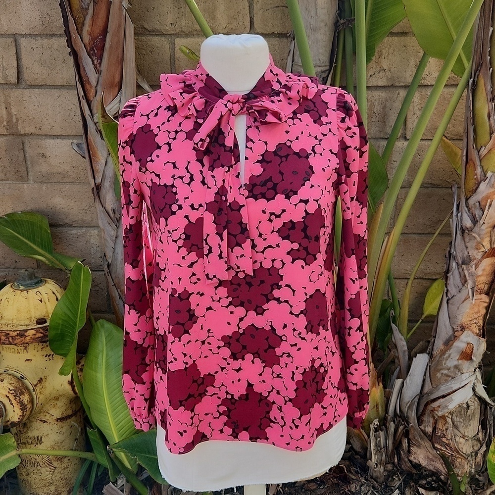 Kate Spade Bubble Dot Blouse Pink Tie Neck Floral extra small